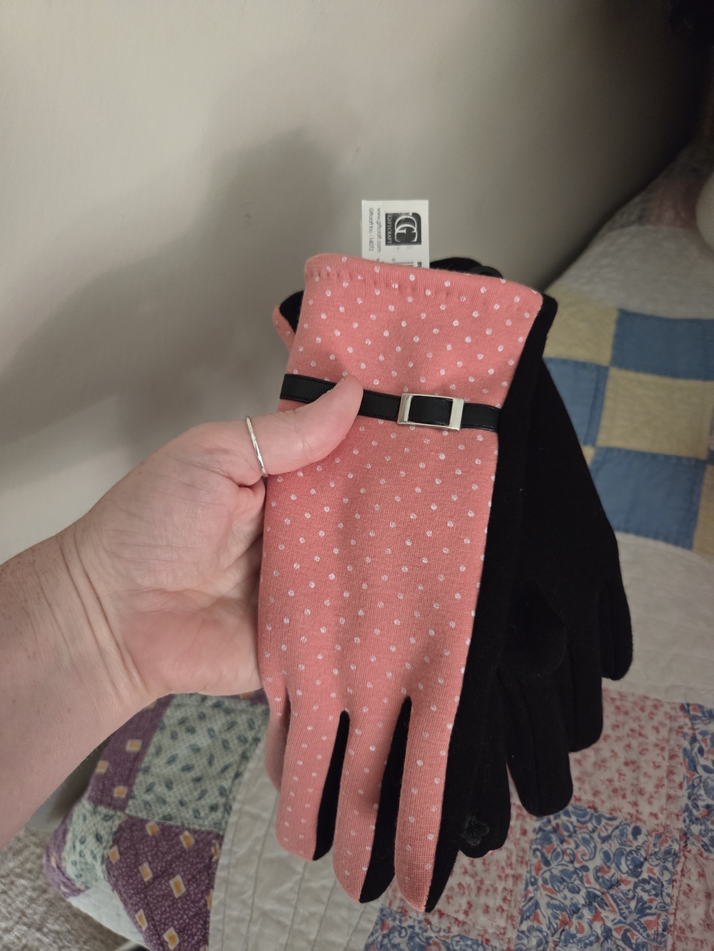 Women's Polka Dot Bow Detail Gloves - Pink and Black